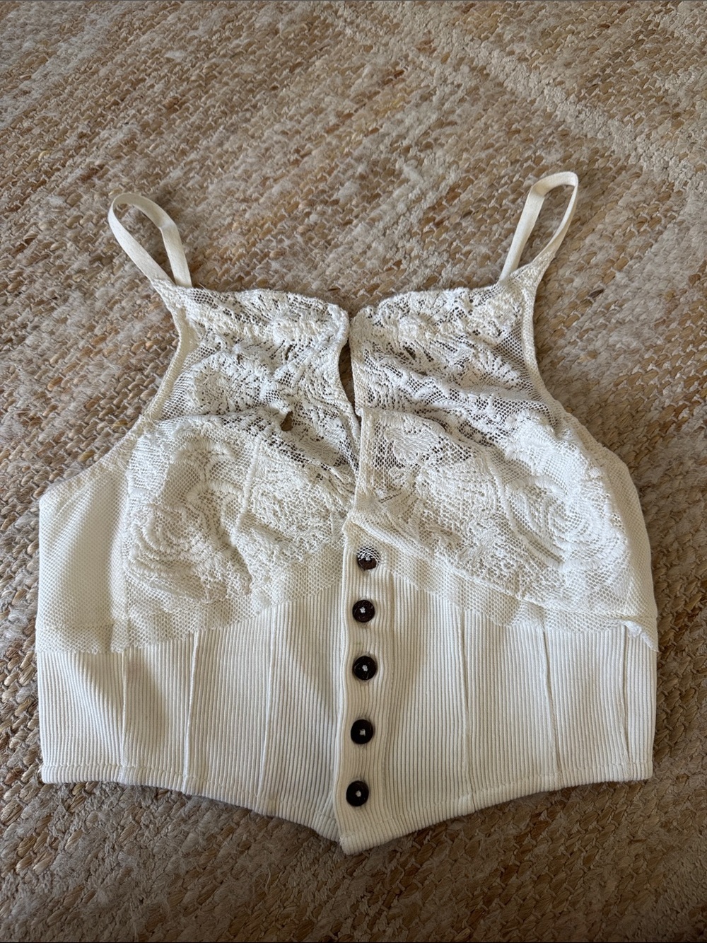 Cream Lace-Trim Button Front Cami Top
